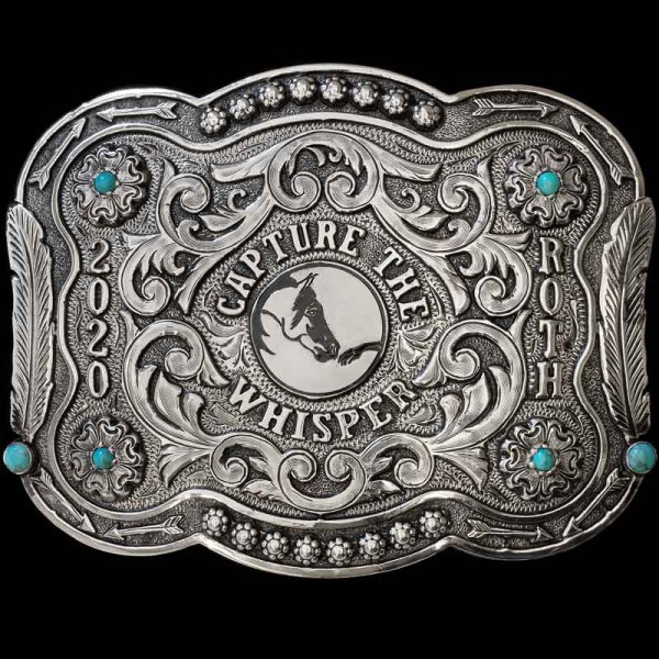 The Corpus Christi is an entirely German Silver buckle with a natural, matted finish. The buckle has a unique border that features a mixture of feathers, berry beads and arrows, topped off with beautifully hand engraved detail

